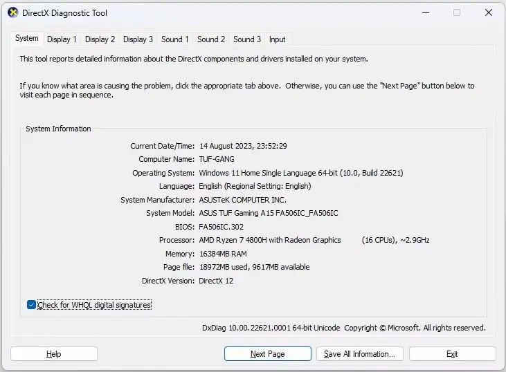 DirectX Diagnostic Tool