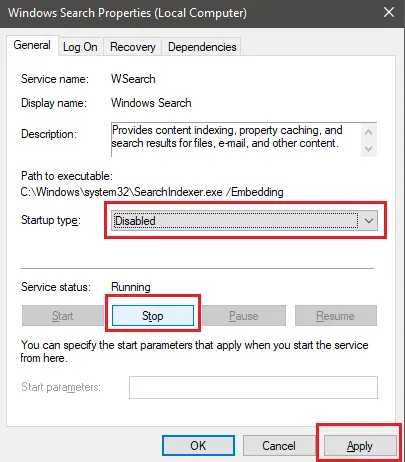 windows disable search indexing