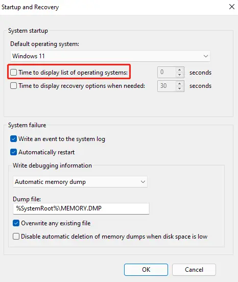 Windows 11 Eliminate Boot Menu Time-out