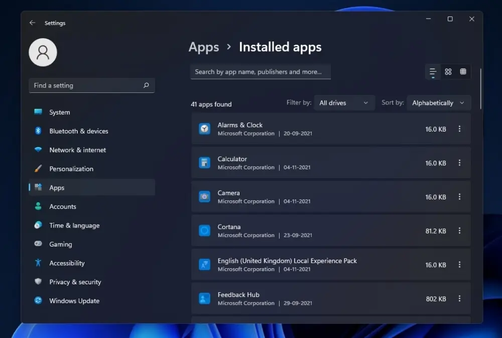 windows 11 list of installed applications