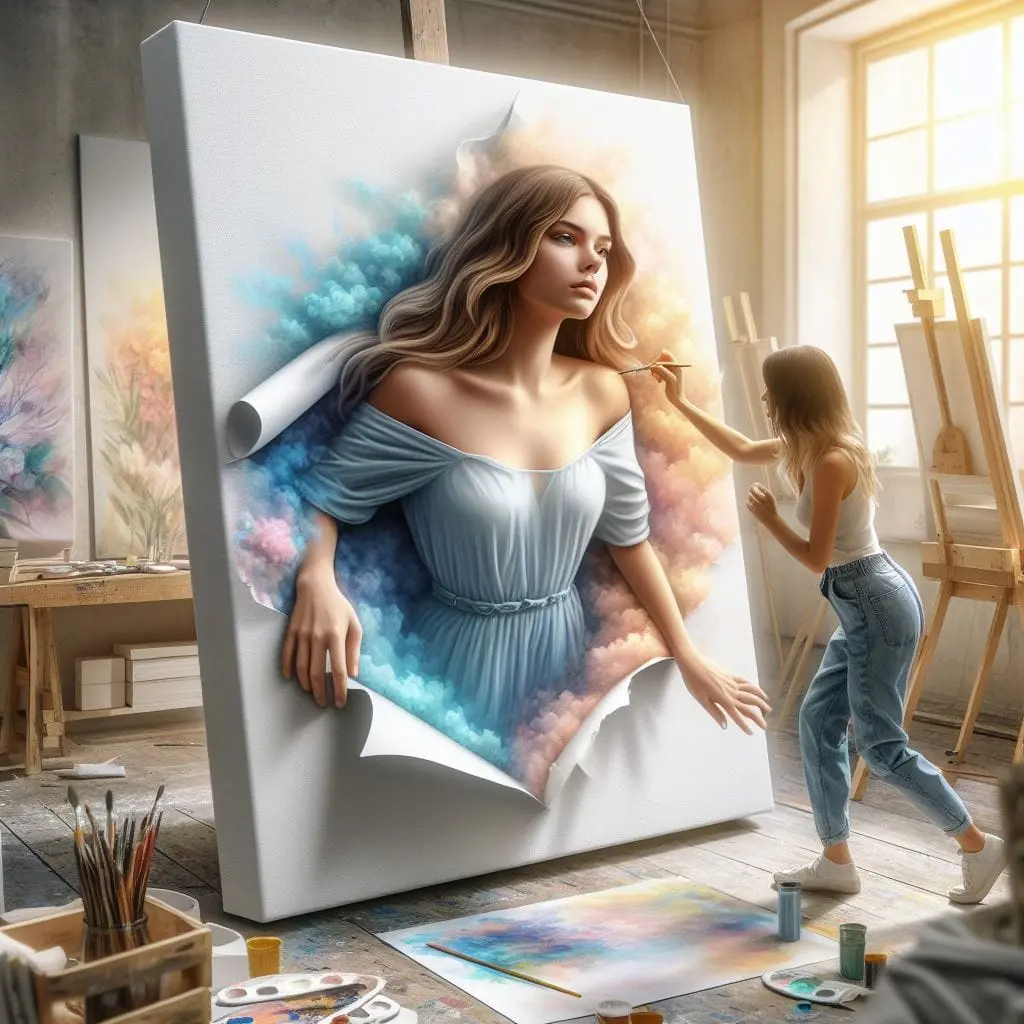 young-woman-emerging-from-a-life-size-art-canvas-in-three-dimensions