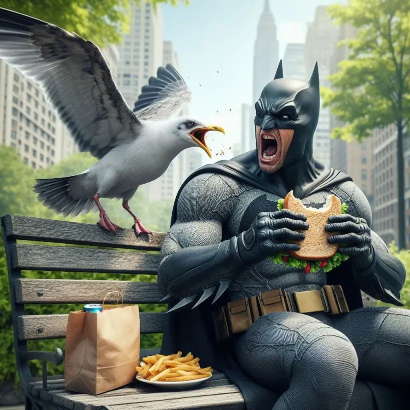 a seagull trying to swoop in and take a sandwich from Batman