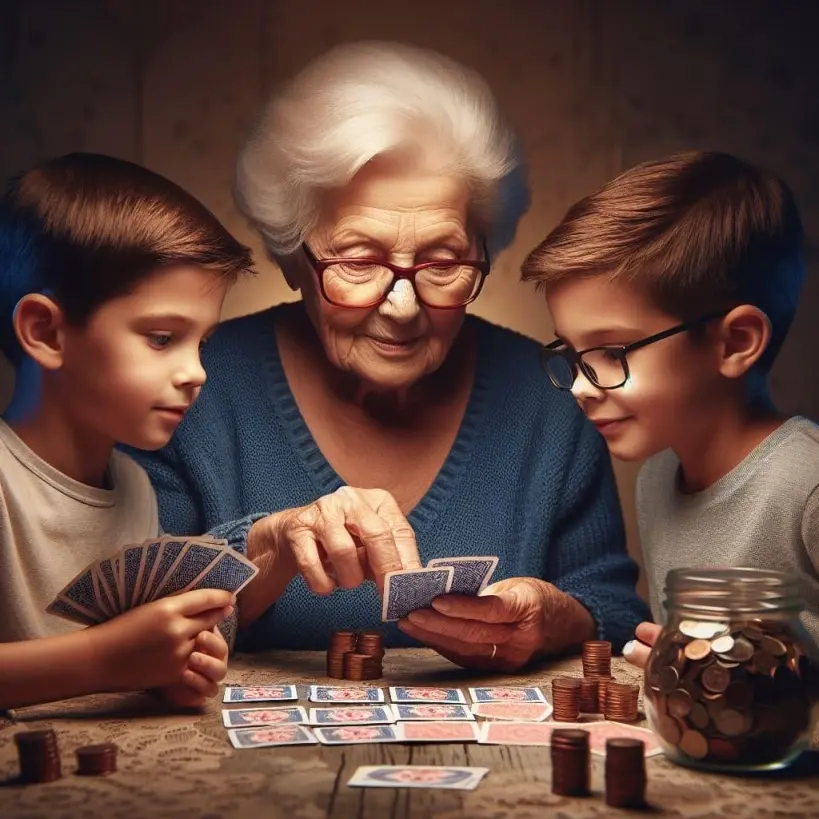 A 90 years old grandmother teach her two grandchildren’s to play cards