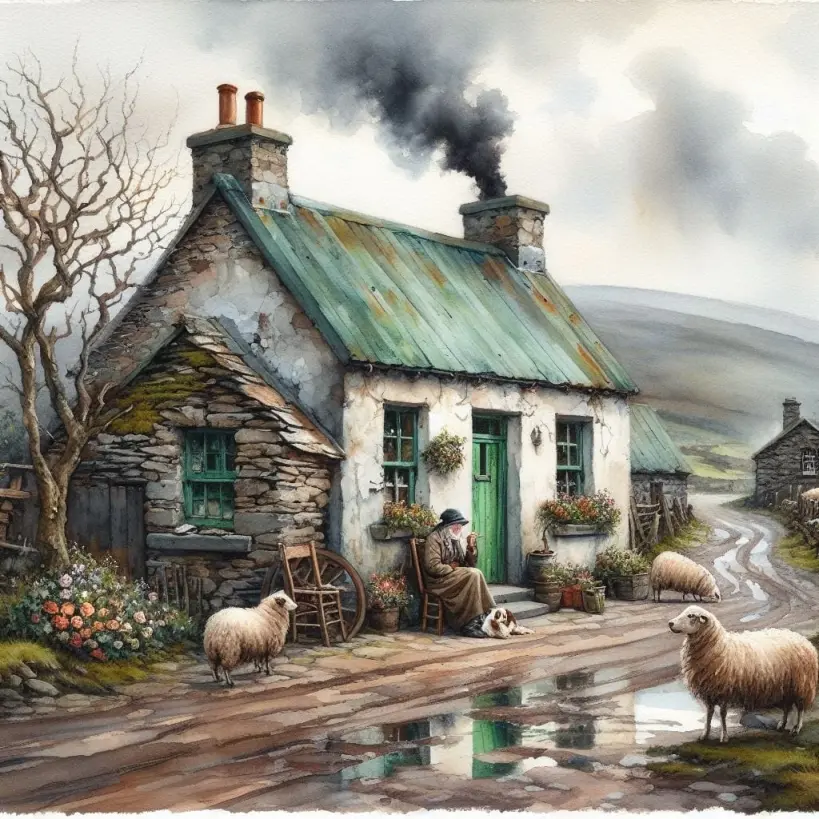 an old Irish house in an Irish village, smoke coming from chimneys