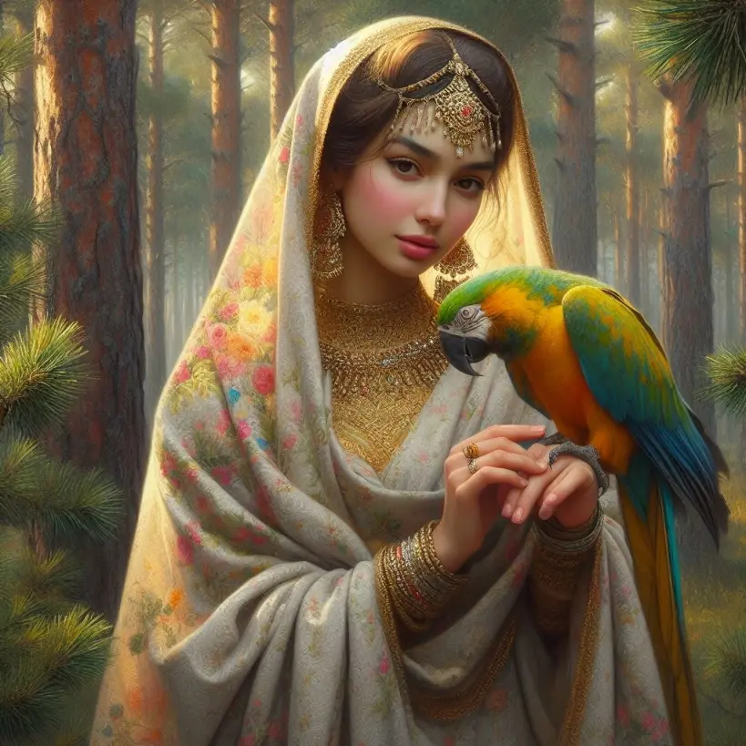 Arabian woman with black hair holding a parrot