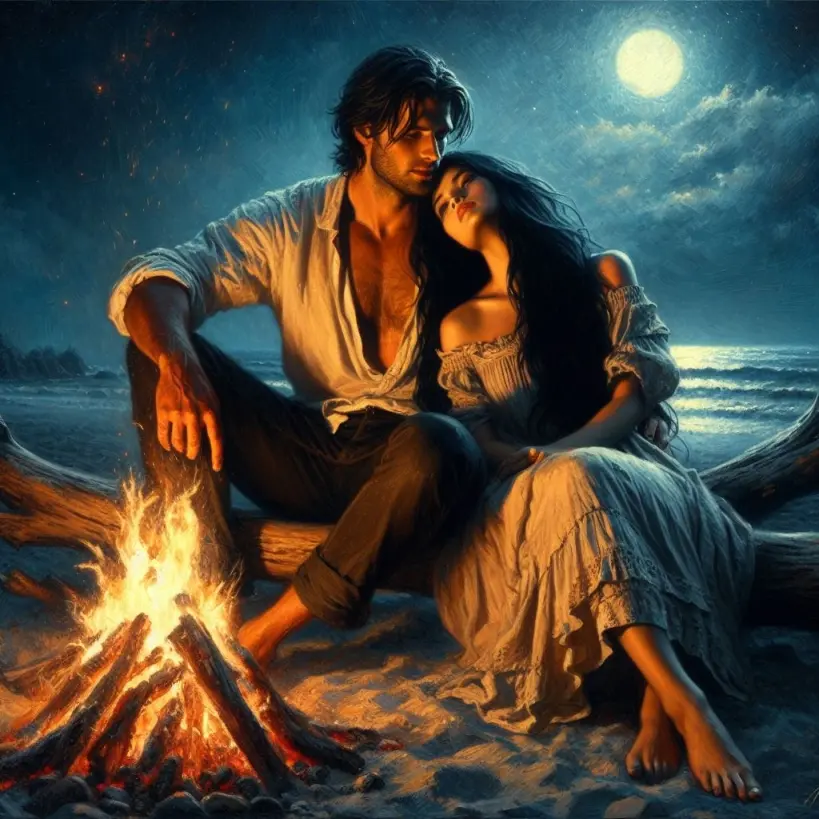 A romantic scene of a bonfire on the beach at night