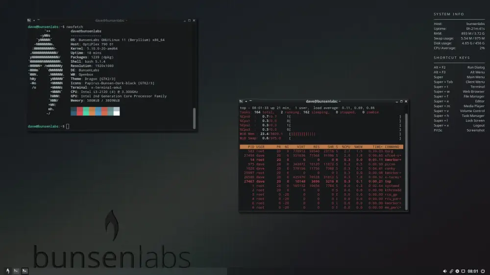 Η επιφάνεια εργασίας του BunsenLabs Linux