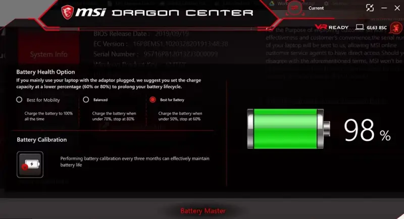 Επιλογή υγείας μπαταρίας στην εφαρμογή MSI Dragon Center AppMSI