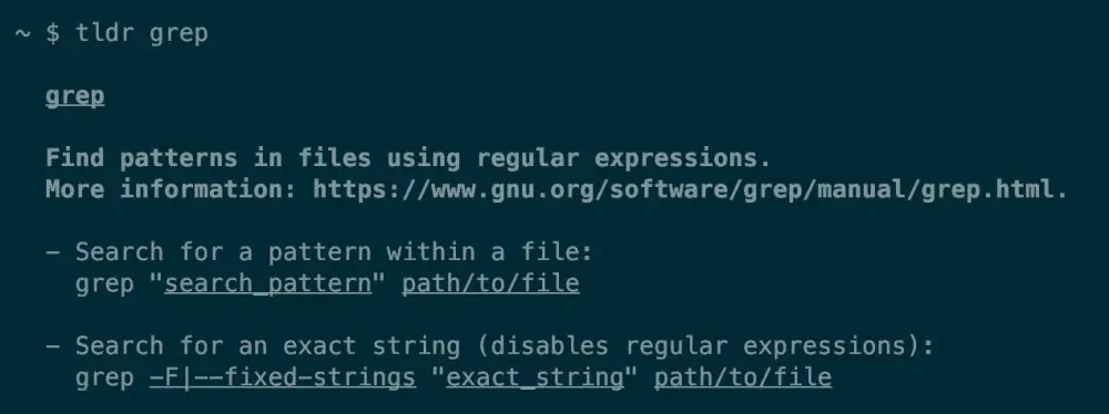 Μια σελίδα της tldr με πληροφορίες σχετικά με την εντολή grep