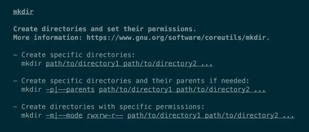 Παράδειγμα εξόδου από την tldr που δείχνει βοήθεια για την εντολή mkdir