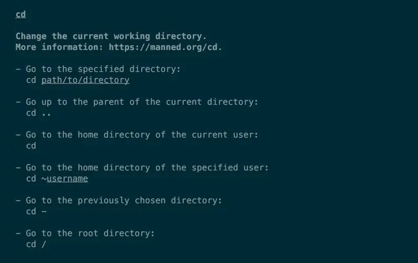 Παράδειγμα εξόδου από το tldr που δείχνει έξι διαφορετικά παραδείγματα χρήσης της εντολής cd