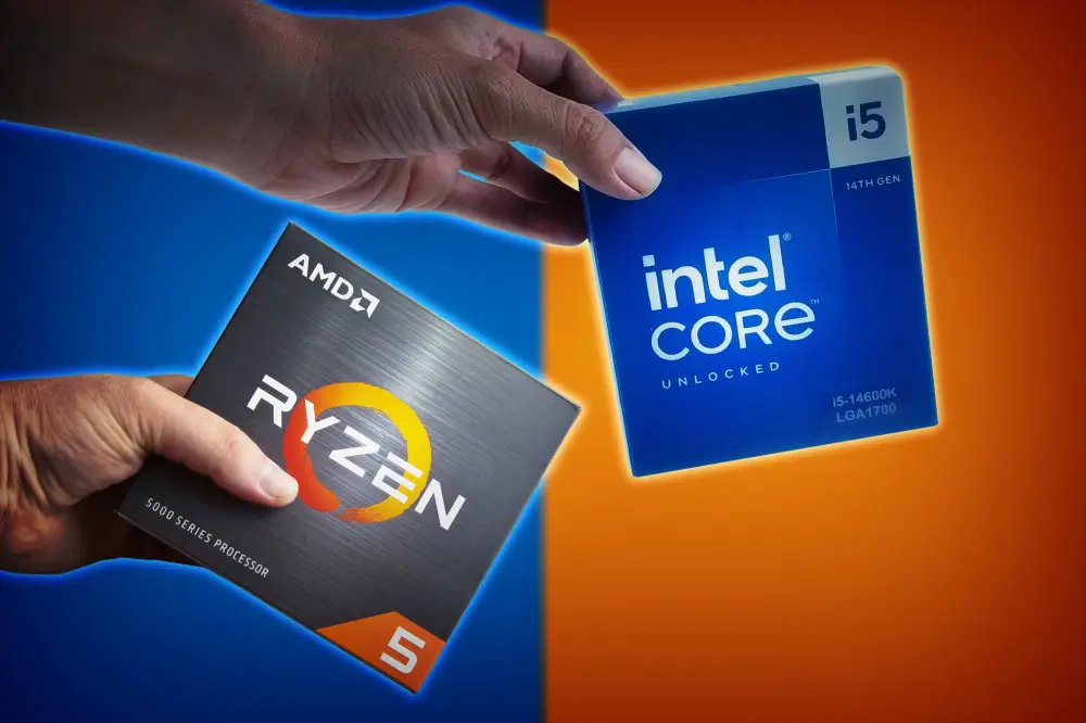 Χέρια που κρατούν κουτιά επεξεργαστών AMD Ryzen 5 και Intel Core i5