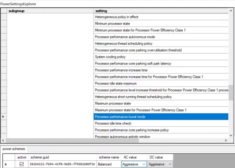 Στιγμιότυπο του Power Settings Explorer