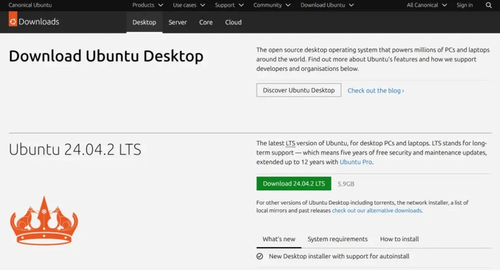Σελίδα λήψης του Ubuntu 24.04 LTS