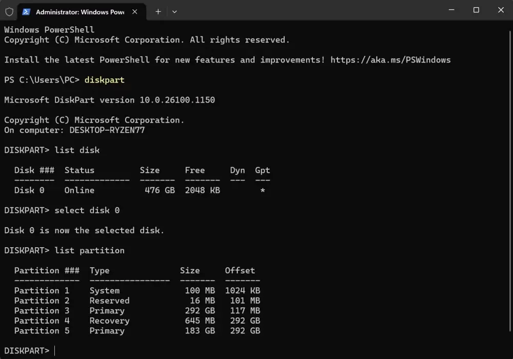 Τερματικό Windows PowerShell που εμφανίζει τη λίστα των διαμερισμάτων