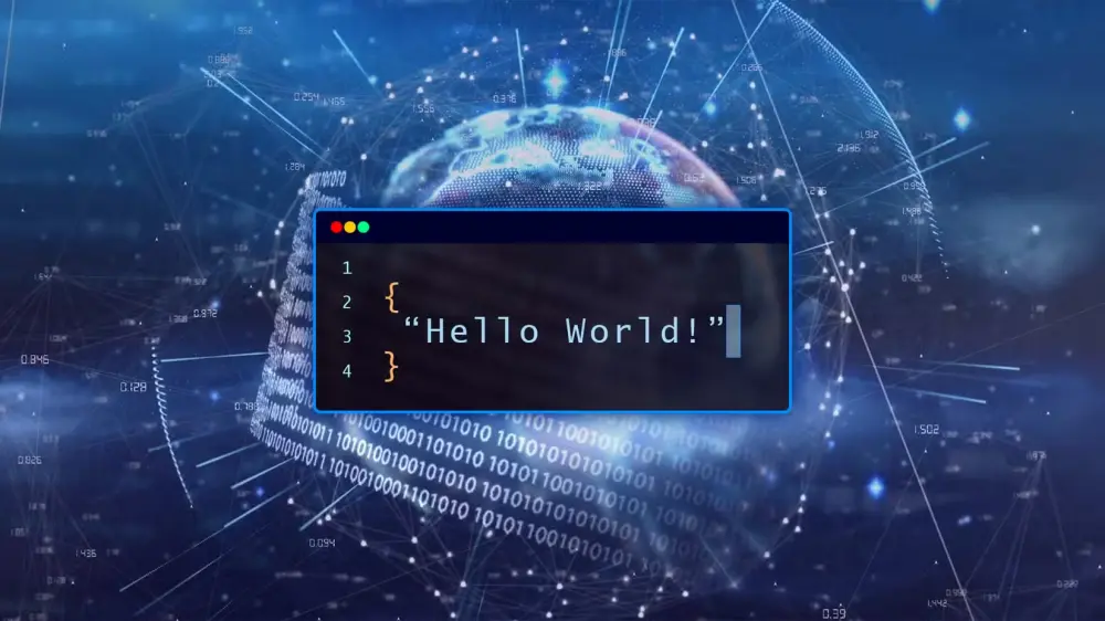 Ένα τερματικό που εμφανίζει το «Hello World» με έναν ολογραφικό πλανήτη και κάποιο δυαδικό κώδικα στο παρασκήνιο
