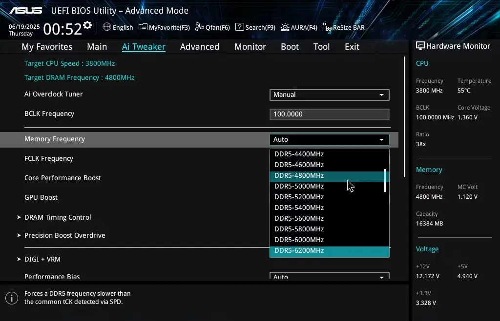 Λίστα συχνοτήτων μνήμης στο ASUS UEFI BIOS
