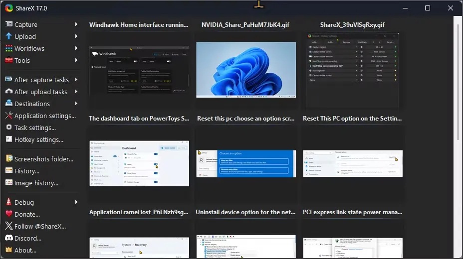 Διεπαφή χρήστη Sharex στα Windows 11