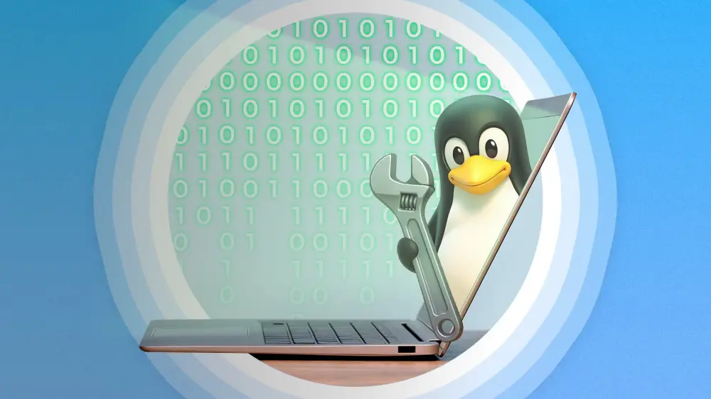 Η μασκότ του Linux βγαίνει από μία οθόνη κρατώντας ένα κλειδί