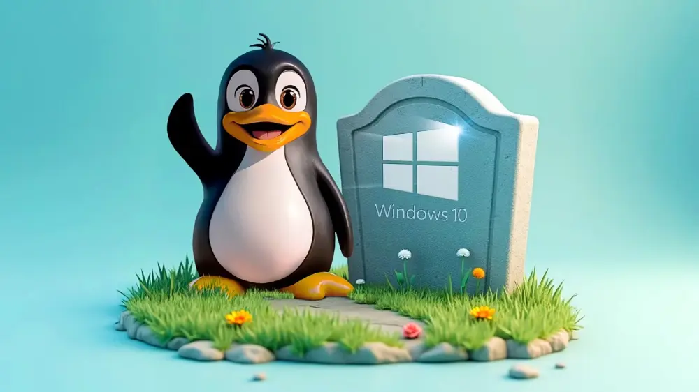 Η μασκότ του Linux χαιρετά δίπλα σε μια ταφόπλακα με το λογότυπο των Windows 10