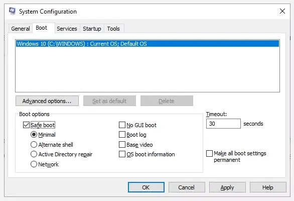 msconfig για να μπείτε σε ασφαλή λειτουργία στα Windows 10