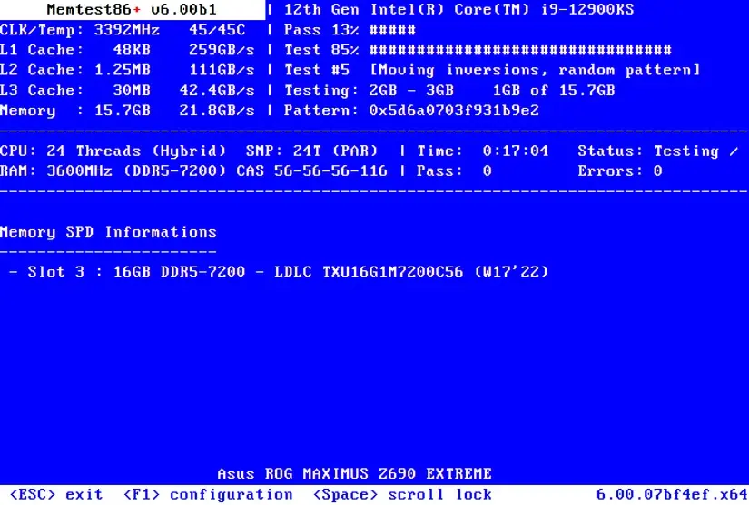 memtest 86 δοκιμή σε εξέλιξη