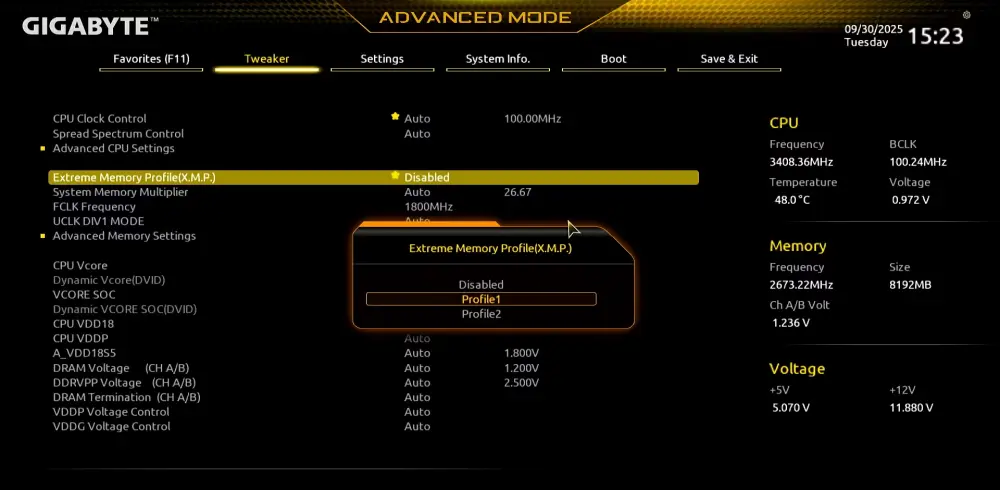 Ενεργοποίηση προφίλ RAM XMP