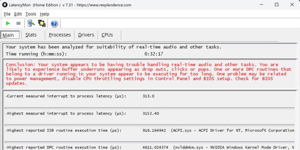 Στιγμιότυπο οθόνης του LatencyMon που εκτελείται σε Windows 11